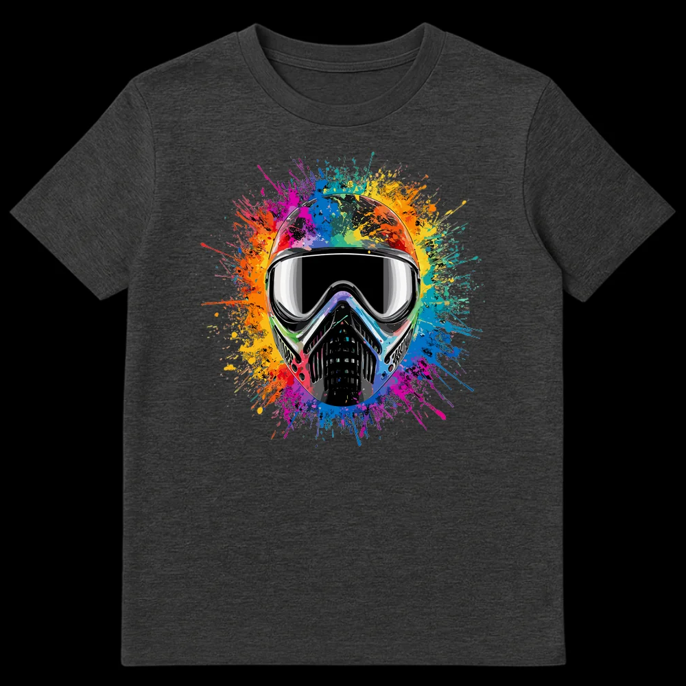 Paintball Mask Splatter T-Shirt with metallic mask and rainbow paint splatters on black background on Dark Heather t-shirt