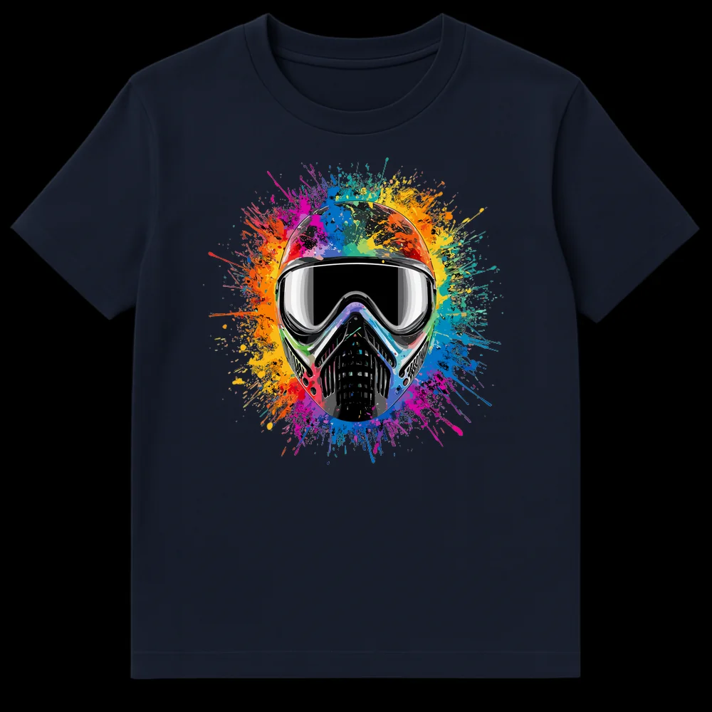 Paintball Mask Splatter T-Shirt with metallic mask and rainbow paint splatters on black background on Navy Blue t-shirt