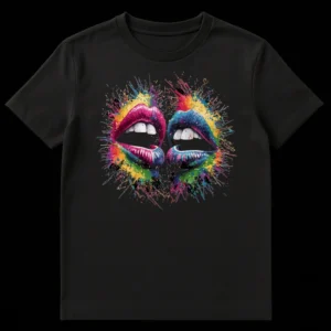 Vibrant Splatter Kiss T-Shirt featuring two sets of colorful lips with multi-colored paint splatters on a black background on Black t-shirt