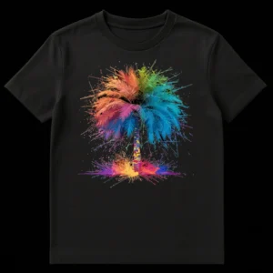 Abstract Rainbow Palm Tree Digital Paint Splatter T-Shirt on Black t-shirt