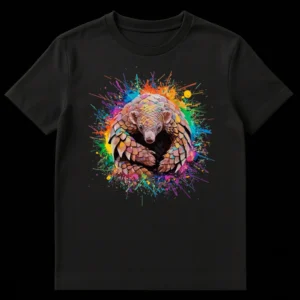 Vibrant Pangolin Lover Unisex T-Shirt with colorful paint splatters on black background on Black t-shirt