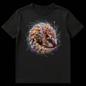 Vibrant splatter art pangolin t-shirt with abstract watercolor scales on a black background, artistic wildlife design on Black t-shirt