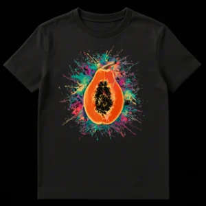 Vibrant papaya half t-shirt design with multi-colored paint splatters on a black background on Black t-shirt