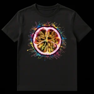 Vibrant passion fruit cross-section with colorful paint splatters on a black t-shirt on Black t-shirt