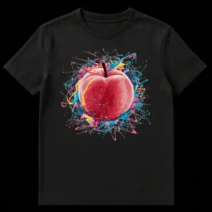 Dynamic abstract apple t-shirt with vibrant paint splatters on a black background, perfect for art lovers on Black t-shirt
