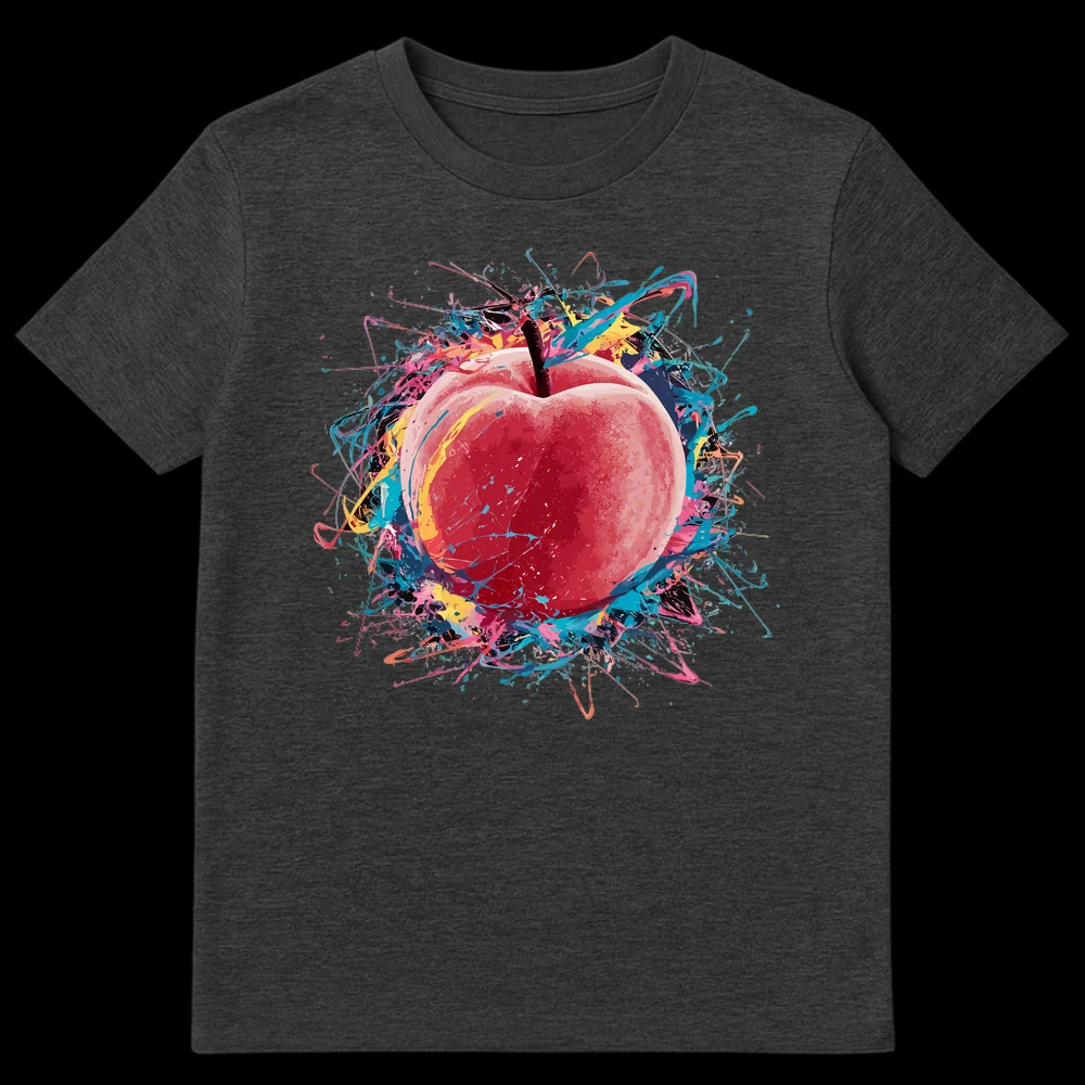 Dynamic abstract apple t-shirt with vibrant paint splatters on a black background, perfect for art lovers on Dark Heather t-shirt