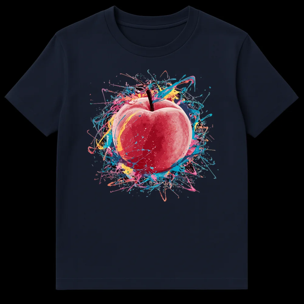 Dynamic abstract apple t-shirt with vibrant paint splatters on a black background, perfect for art lovers on Navy Blue t-shirt