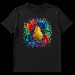 Vibrant Pear Paint Splash T-Shirt featuring a stylized pear surrounded by an explosion of colorful rainbow paint splatters on a black background. on Black t-shirt
