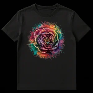Vibrant splatter paint flower graphic on a black t-shirt, showcasing abstract floral art with a kaleidoscope of colors like pinks, purples, reds, oranges, yellows, greens, and blues. on Black t-shirt