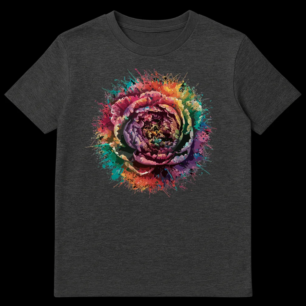 Vibrant splatter paint flower graphic on a black t-shirt, showcasing abstract floral art with a kaleidoscope of colors like pinks, purples, reds, oranges, yellows, greens, and blues. on Dark Heather t-shirt