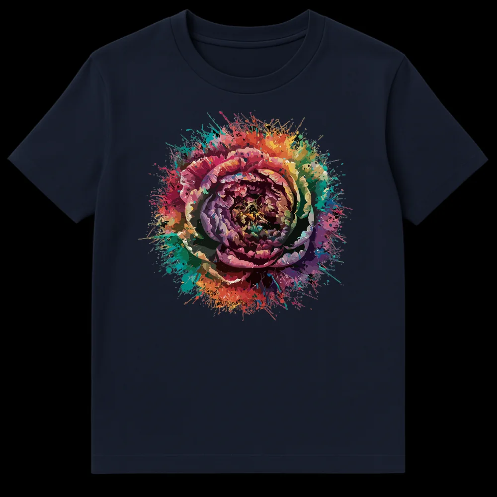 Vibrant splatter paint flower graphic on a black t-shirt, showcasing abstract floral art with a kaleidoscope of colors like pinks, purples, reds, oranges, yellows, greens, and blues. on Navy Blue t-shirt