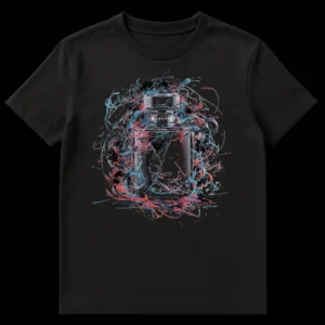 Close-up of a t-shirt featuring a dynamic art print of a modern glass perfume bottle surrounded by vibrant teal, coral, and pink liquid splashes against a black background. The bottle has 'Я Р Р Т И А' text on its label. on Black t-shirt