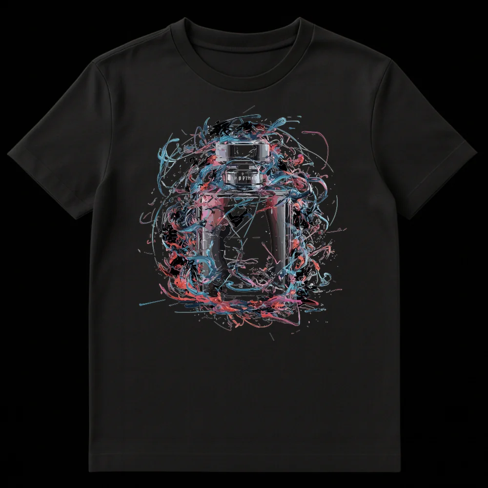 Close-up of a t-shirt featuring a dynamic art print of a modern glass perfume bottle surrounded by vibrant teal, coral, and pink liquid splashes against a black background. The bottle has 'Я Р Р Т И А' text on its label. on Black t-shirt
