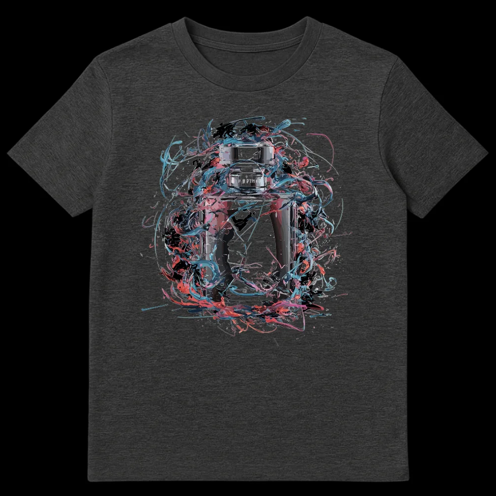 Close-up of a t-shirt featuring a dynamic art print of a modern glass perfume bottle surrounded by vibrant teal, coral, and pink liquid splashes against a black background. The bottle has 'Я Р Р Т И А' text on its label. on Dark Heather t-shirt