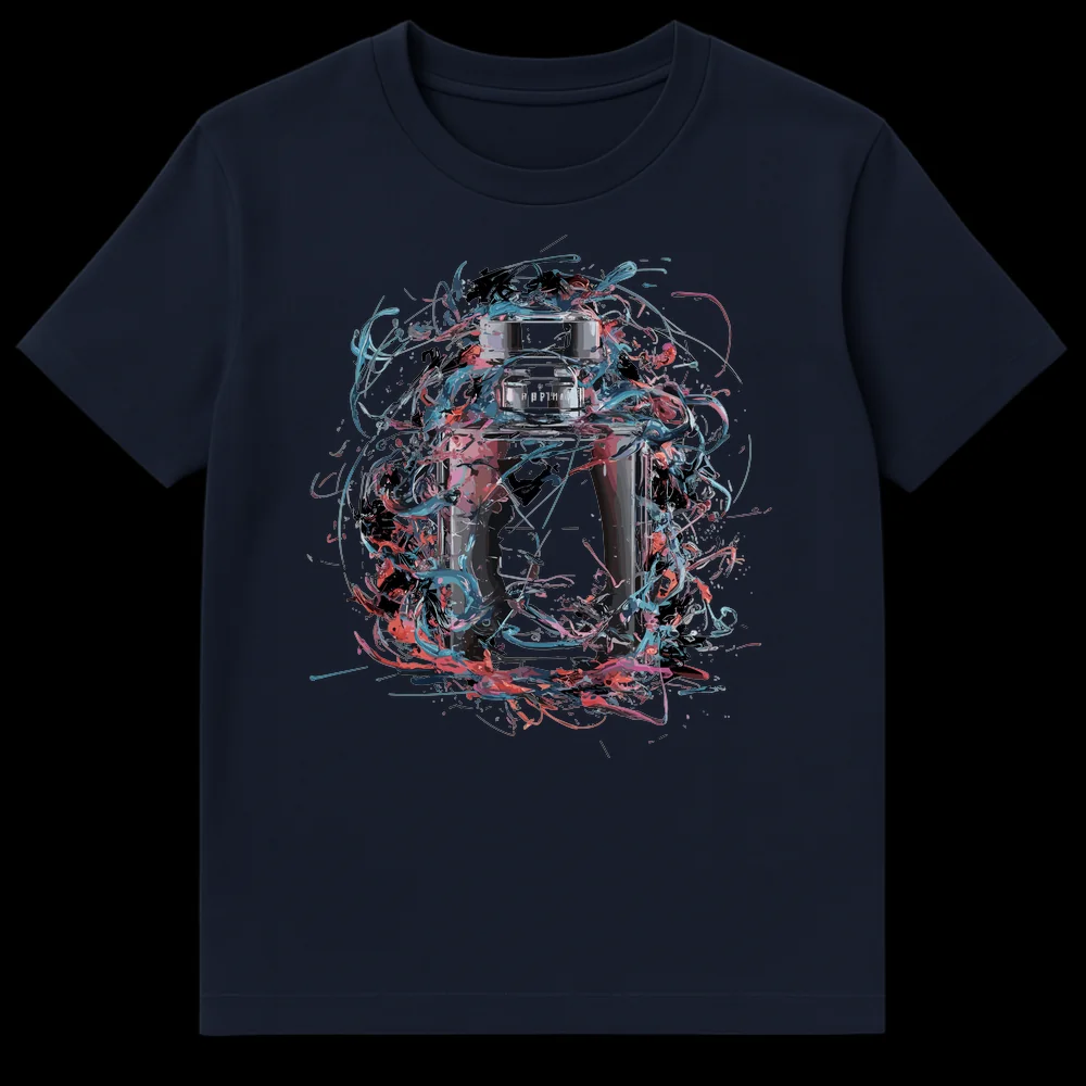 Close-up of a t-shirt featuring a dynamic art print of a modern glass perfume bottle surrounded by vibrant teal, coral, and pink liquid splashes against a black background. The bottle has 'Я Р Р Т И А' text on its label. on Navy Blue t-shirt