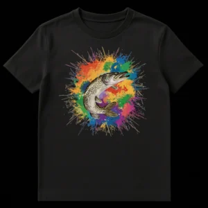 Northern Pike t-shirt design with a realistic pike jumping through a colorful paint splatter on a black background on Black t-shirt