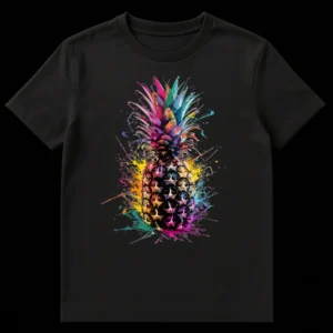 Vibrant rainbow paint splatter pineapple design on a black t-shirt on Black t-shirt