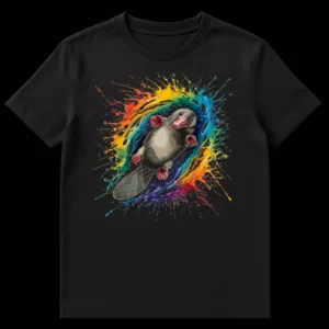 Whimsical platypus swimming in vibrant rainbow paint splashes on a black t-shirt, unique animal art on Black t-shirt