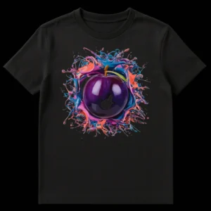 Vibrant Plum Splash Art T-Shirt with a purple plum in a colorful explosion of blue, pink, and coral liquid splashes on a black background on Black t-shirt