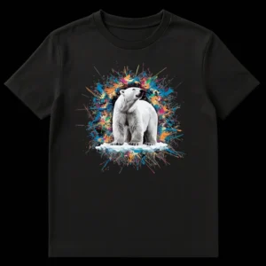 Polar bear on melting ice with colorful paint splatters, symbolizing climate change and environmental conservation. on Black t-shirt