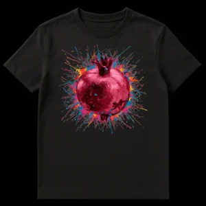 Vibrant Bursting Pomegranate Splash Art T-Shirt design on a black background, featuring a realistic pomegranate with colorful paint splatters in cyan, pink, orange, and yellow. on Black t-shirt