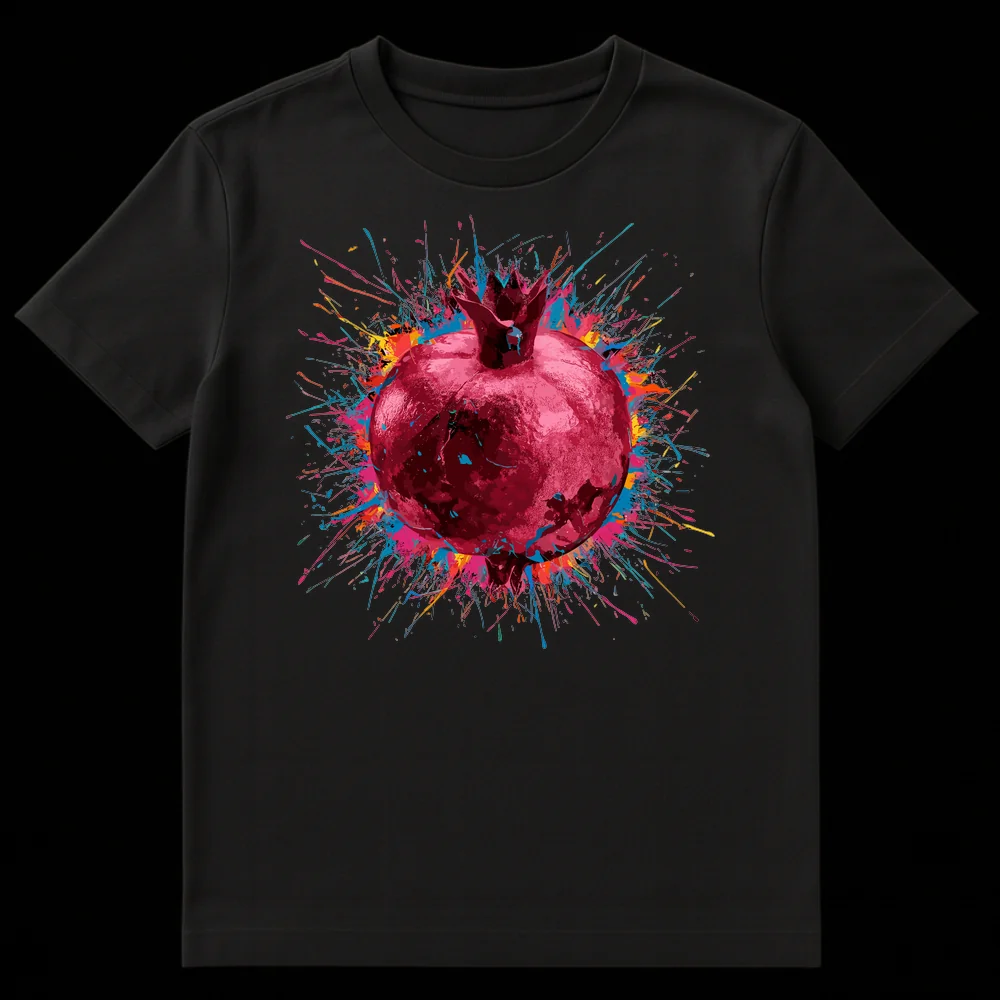 Vibrant Bursting Pomegranate Splash Art T-Shirt design on a black background, featuring a realistic pomegranate with colorful paint splatters in cyan, pink, orange, and yellow. on Black t-shirt