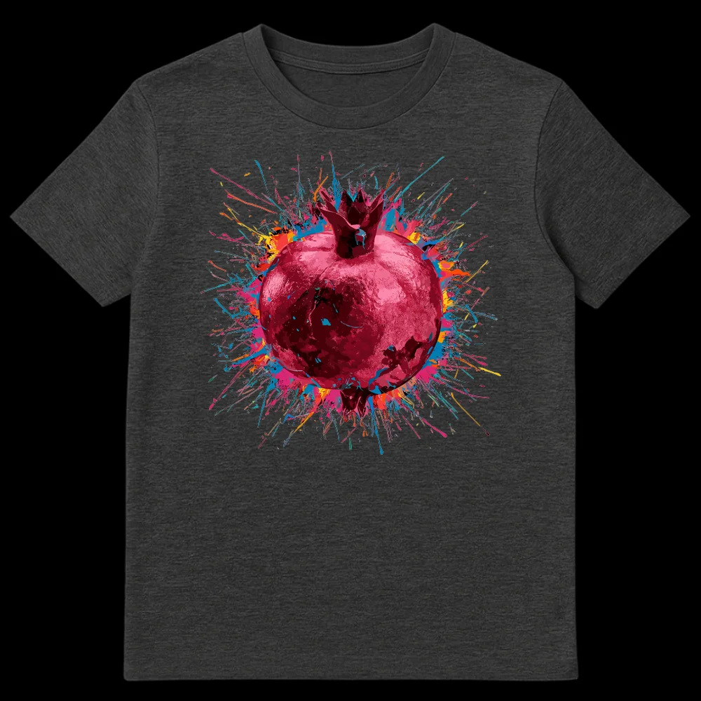 Vibrant Bursting Pomegranate Splash Art T-Shirt design on a black background, featuring a realistic pomegranate with colorful paint splatters in cyan, pink, orange, and yellow. on Dark Heather t-shirt
