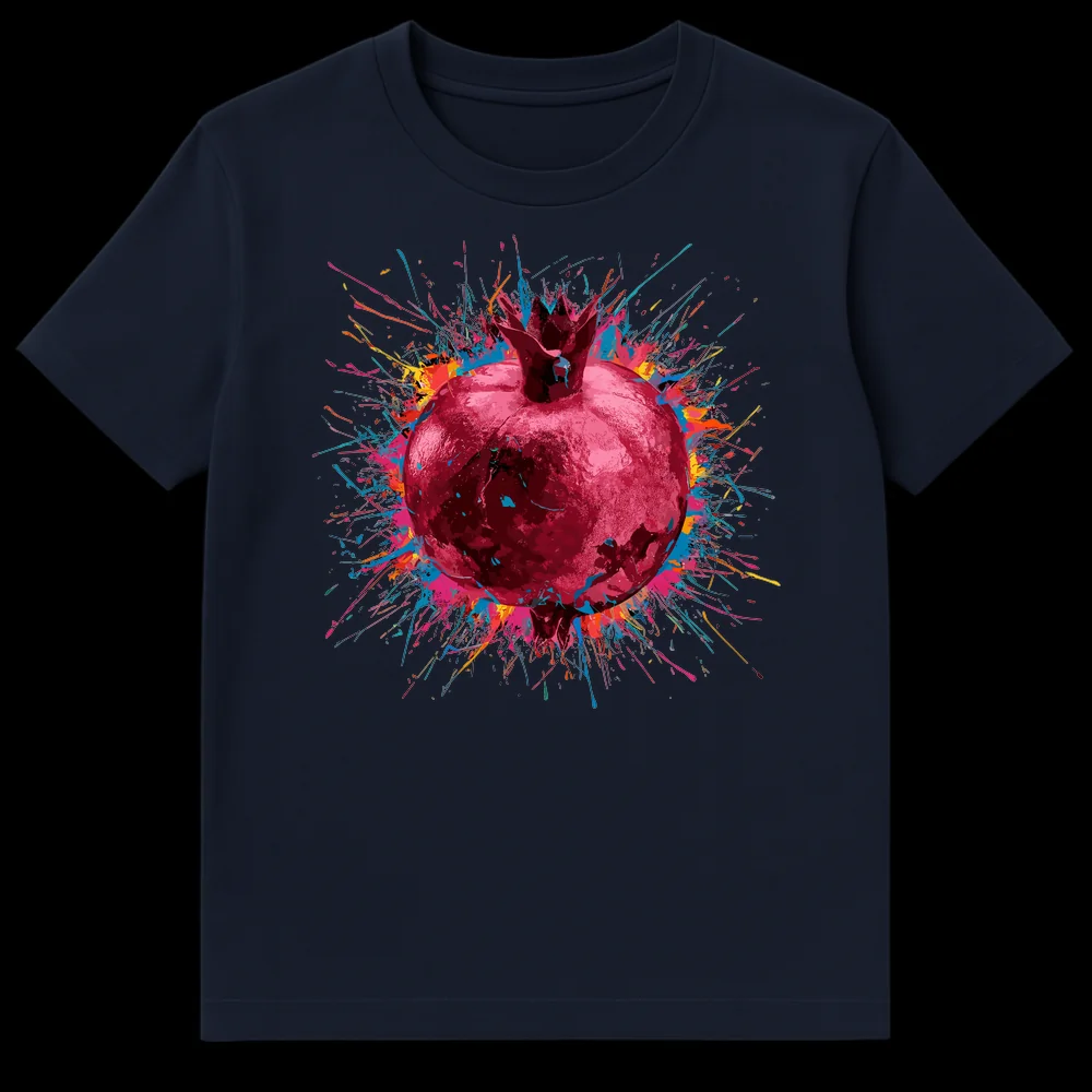 Vibrant Bursting Pomegranate Splash Art T-Shirt design on a black background, featuring a realistic pomegranate with colorful paint splatters in cyan, pink, orange, and yellow. on Navy Blue t-shirt