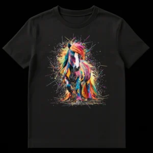Vibrant abstract splatter paint horse design on a black t-shirt, featuring a mosaic of bright colors like fuchsia, blue, yellow, and green. on Black t-shirt