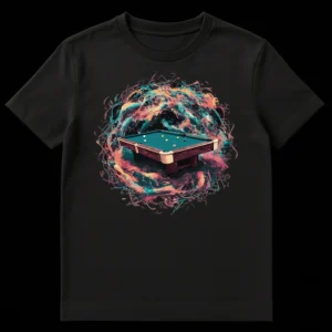 T-shirt with a vibrant, abstract design of a pool table surrounded by an explosion of colorful energy, perfect for billiards enthusiasts. on Black t-shirt