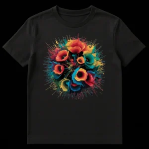 Vibrant Poppy Splash T-Shirt with abstract floral design and colorful paint splatters on a black background on Black t-shirt