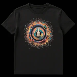 Vibrant t-shirt design featuring a stylized milk bottle on a multi-colored paint splatter 'turntable' against a black background, referencing internet culture. on Black t-shirt