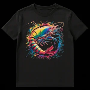 Vibrant Pop Art shrimp t-shirt with colorful paint splatters on a black background, artistic marine life graphic tee on Black t-shirt