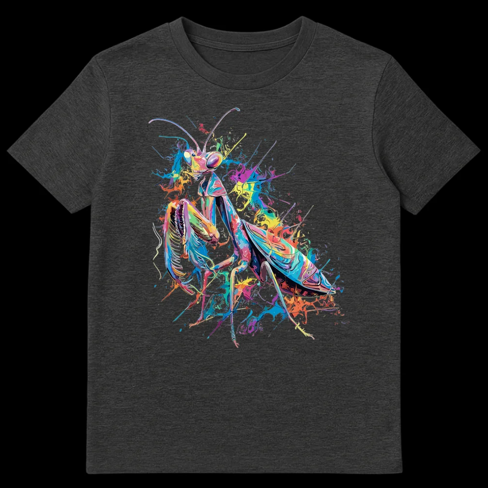 Vibrant psychedelic praying mantis t-shirt with colorful paint splatters on a black background on Dark Heather t-shirt