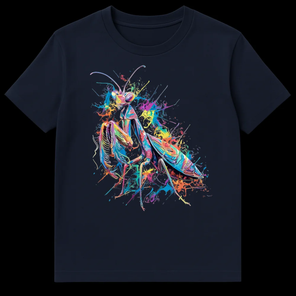 Vibrant psychedelic praying mantis t-shirt with colorful paint splatters on a black background on Navy Blue t-shirt