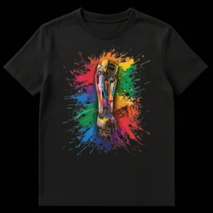 Futuristic robotic arm t-shirt with vibrant rainbow paint splatters on a black background on Black t-shirt
