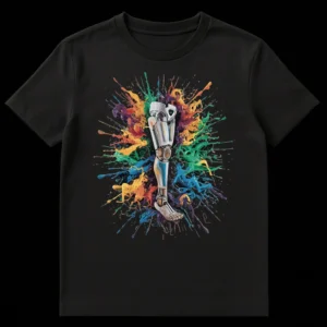 Bionic Leg Splatter Art T-Shirt, featuring a detailed prosthetic leg exploding with multi-colored paint on a black background on Black t-shirt