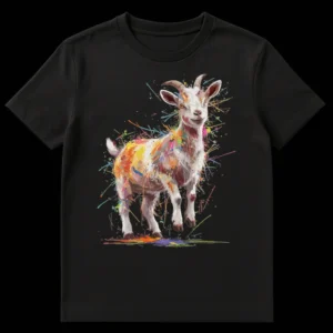 Vibrant paint splatter G.O.A.T. t-shirt on a black background, representing 'Greatest Of All Time' in a colorful, abstract style. on Black t-shirt