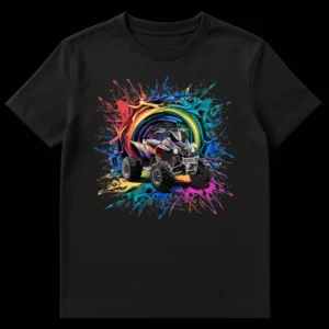 Dynamic ATV t-shirt with vibrant multi-color liquid splash on black background, showcasing an off-road quad bike on Black t-shirt