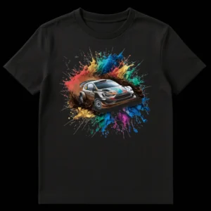 Dynamic rally car t-shirt design with vibrant rainbow paint splatters on a black background, depicting a high-speed vehicle in action for motorsports fans. on Black t-shirt
