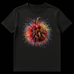 Vibrant splatter art rambutan fruit design on a black t-shirt on Black t-shirt