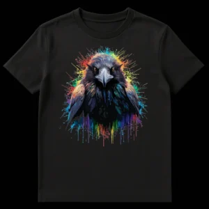 Mystical Raven T-Shirt with colorful paint splatters, vibrant crow art, abstract bird graphic, rainbow raven apparel, unique wildlife tee, expressive animal shirt on Black t-shirt