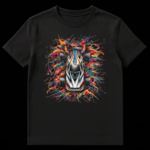 Futuristic race car t-shirt with vibrant abstract paint splashes, symbolizing speed and adrenaline on Black t-shirt