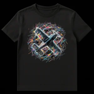 Dynamic abstract art t-shirt featuring a detailed propeller plane surrounded by vibrant pink, blue, and orange paint splatters on a dark background. on Black t-shirt