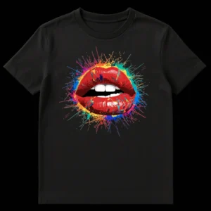 Vibrant red lips with multi-colored paint splatters design on a black t-shirt, artistic fashion statement on Black t-shirt