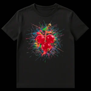 Realistic red currants with vibrant paint splatters on a black background, art t-shirt design on Black t-shirt