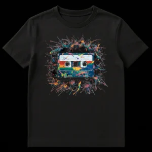 Vibrant exploding cassette tape t-shirt with multi-colored paint splatters on black background, retro music design on Black t-shirt