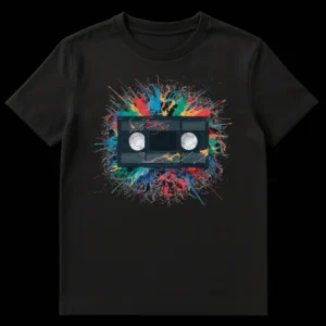 Retro VHS Tape Explosion Unisex T-Shirt with colorful paint splatters on Black t-shirt