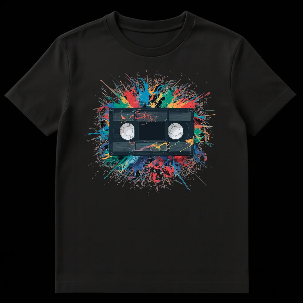 Retro VHS Tape Explosion Unisex T-Shirt with colorful paint splatters on Black t-shirt