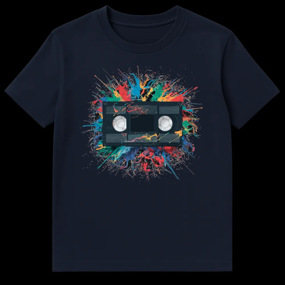 Retro VHS Tape Explosion Unisex T-Shirt with colorful paint splatters on Navy Blue t-shirt